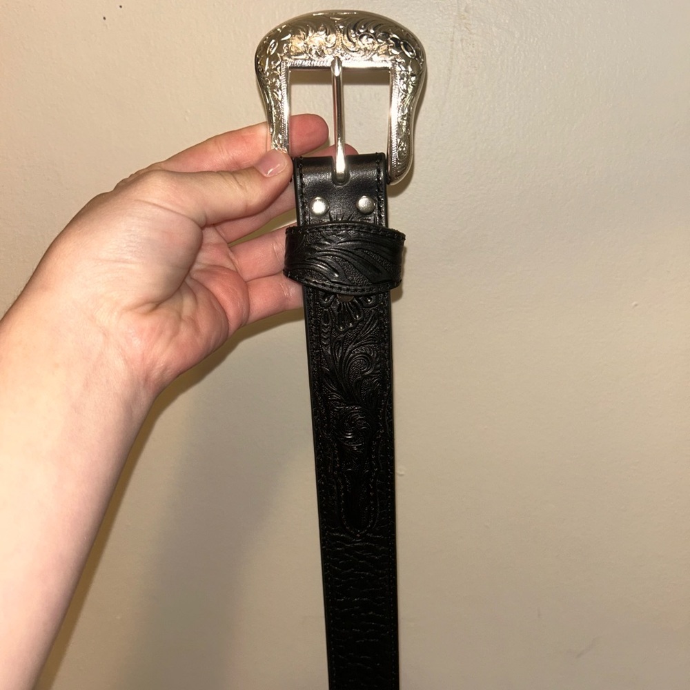 Black Leather Belt with Silver Buckle